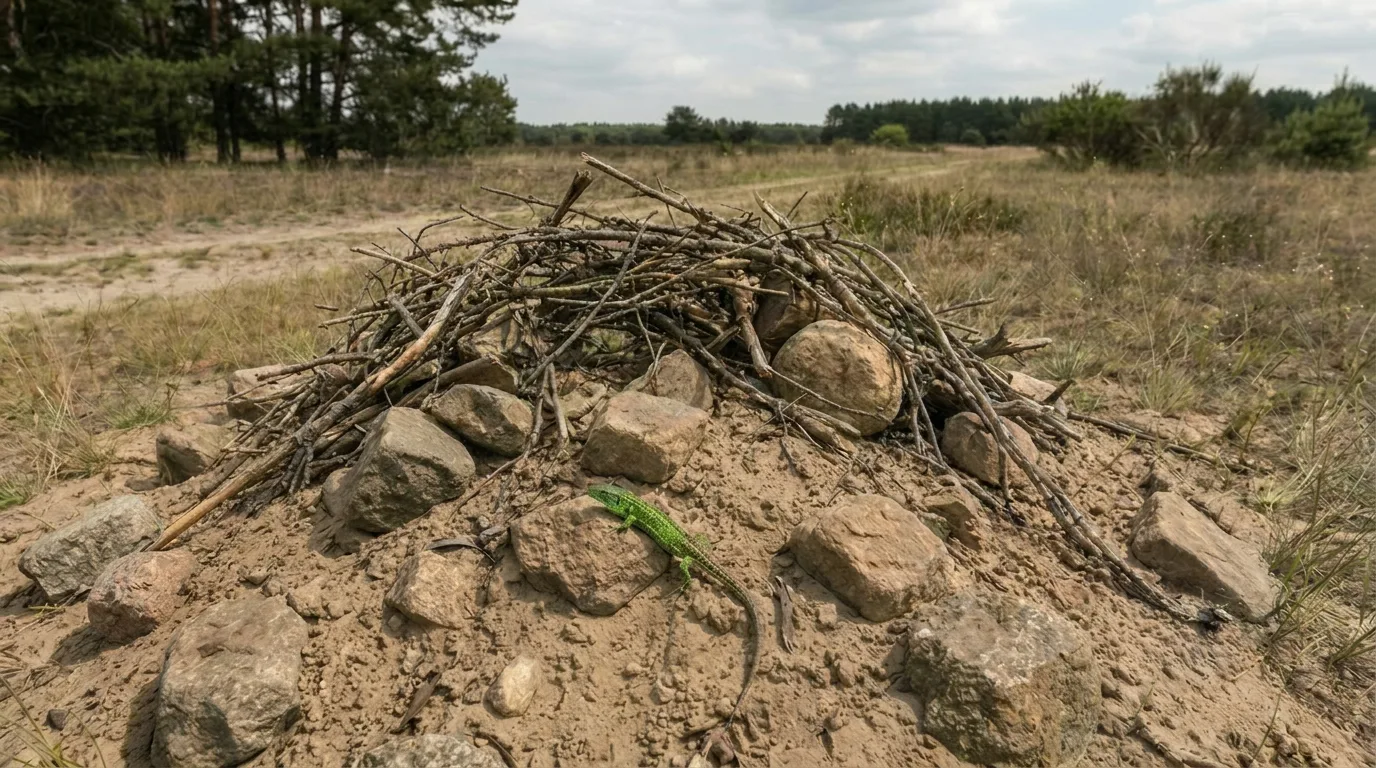 Angelegtes Ersatzhabitat mit Totholz und Steinen