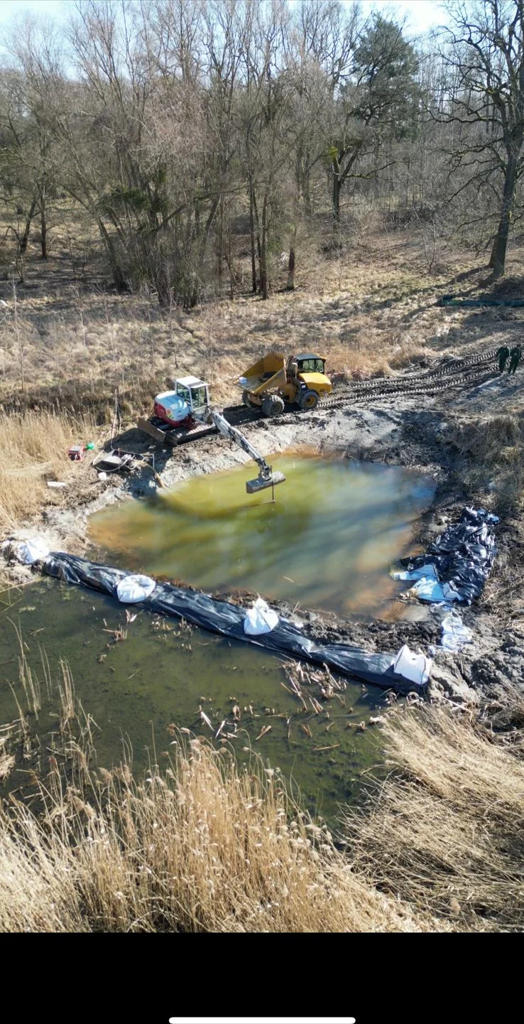 Luftbild des Waldsees Wustermark mit Kofferdamm und Wasserhaltung während der Renaturierung